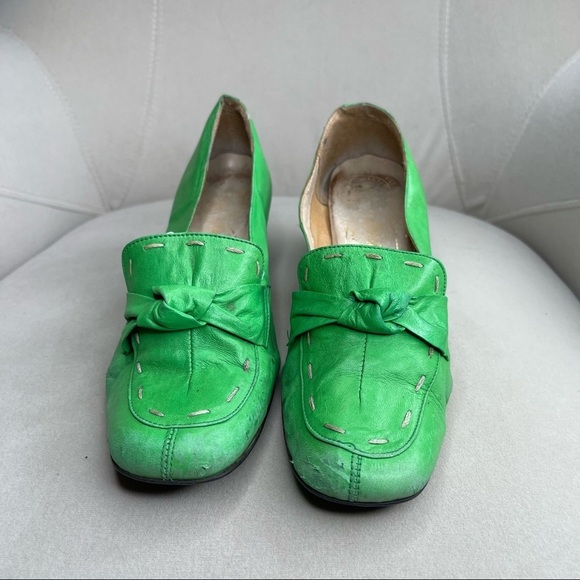 Vintage 70's Marcia Hill Bright Green Leather Shoes Mules Block Heel Sz 7 Spain - Picture 3 of 5